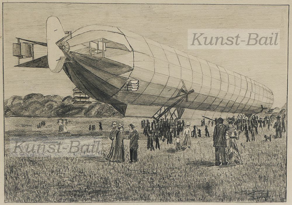 H. Hufnagel, Landung des Zeppelin LZ 3 in München 1909, Bleistiftzeichnung, signiert-image