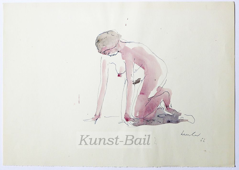 Kurt Lauber, kniende weibliche Aktstudie, Tusche, aquarelliert, signiert, 1962-image