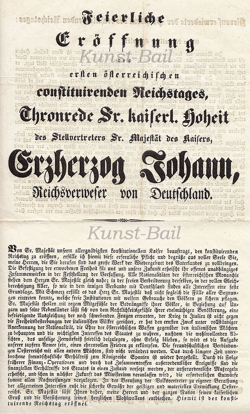 Feierliche Eröffnung des ersten österreichischen constituirenden Reichstages, Erzherzog Johann, Flugschrift, Wien, 1848-image