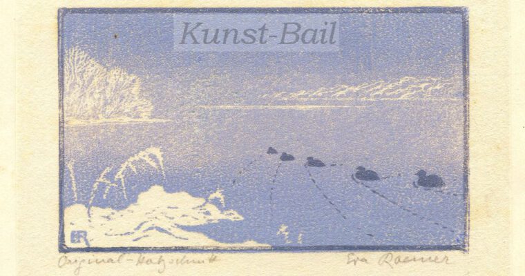 Eva Roemer, Winter am See, Farbholzschnitt, signiert, bezeichnet