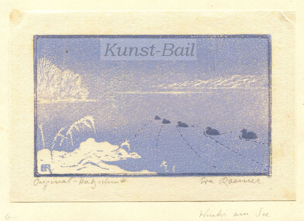 Eva Roemer, Winter am See, Farbholzschnitt, signiert, bezeichnet