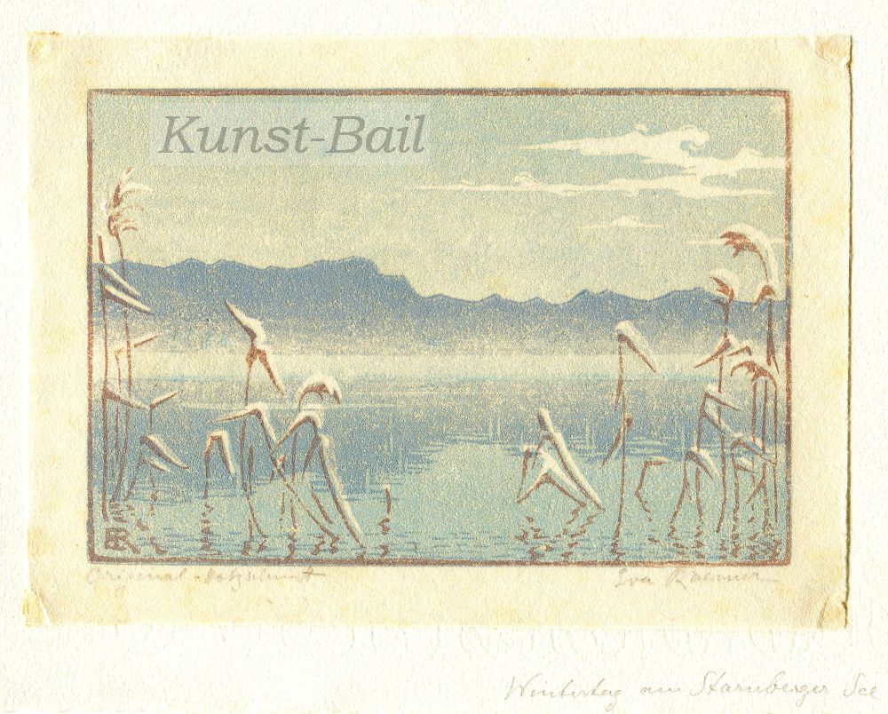 Eva Roemer, Wintertag am Starnberger See, Farbholzschnitt, signiert, bezeichnet