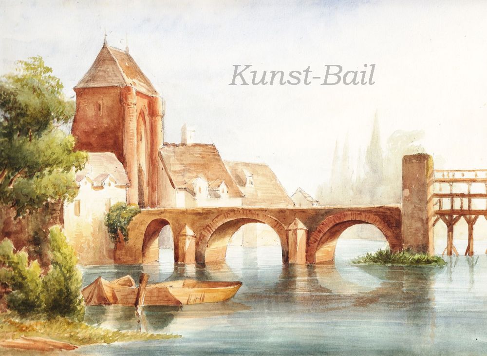 Unbekannter Künstler, Burganlage am Wasser mit Brücke, Aquarell, um 1850-image