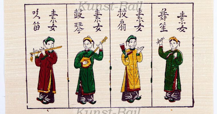 Vietnam, Musiker, kolorierter Holzschnitt, 2. Hälfte 20. Jahrhundert