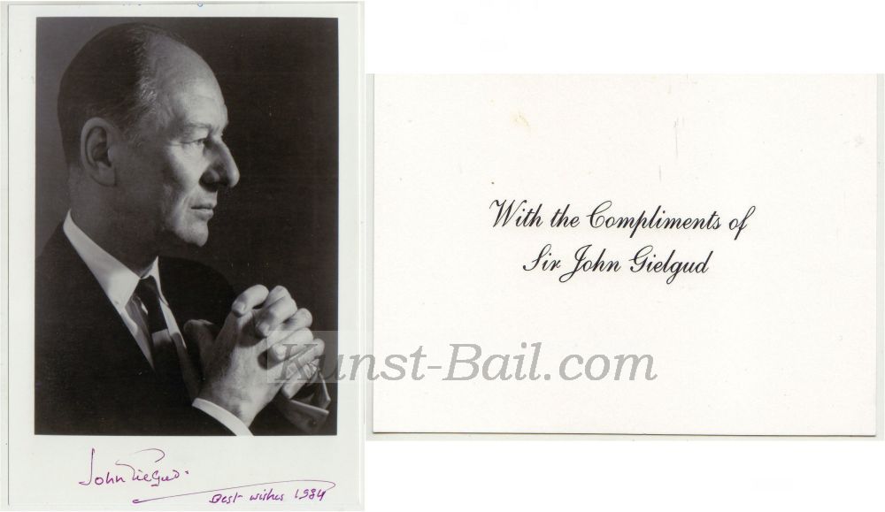 Sir John Gielgud, Autogramm auf Foto mit Visitenkarte, 1984.-image