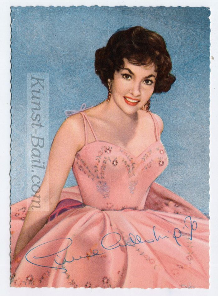 Gina Lollobrigida, Autogramm auf farbiger Postkarte, 1950er-image