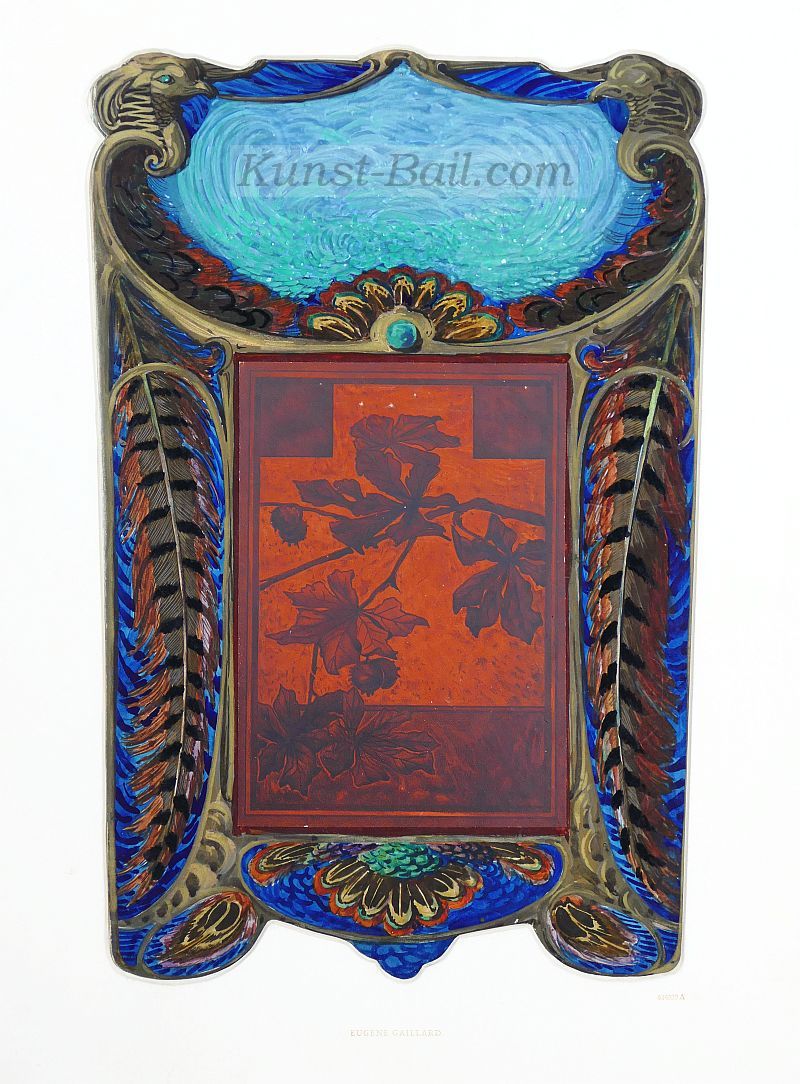Eugene Gaillard, Entwurf für eine Stickerei mit Federn und Blättern, Guache, goldgehöht, wohl um 1900/1910.-image