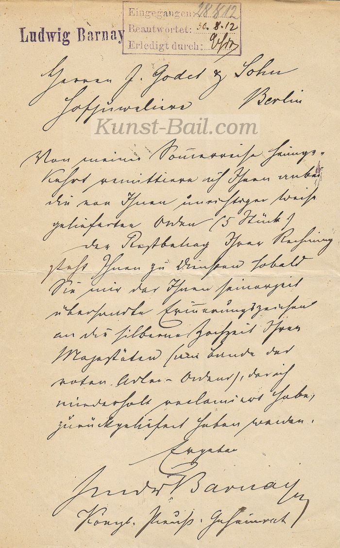 Ludwig Barnay, eigenhändiger Brief mit Unterschrift, 1912.-image