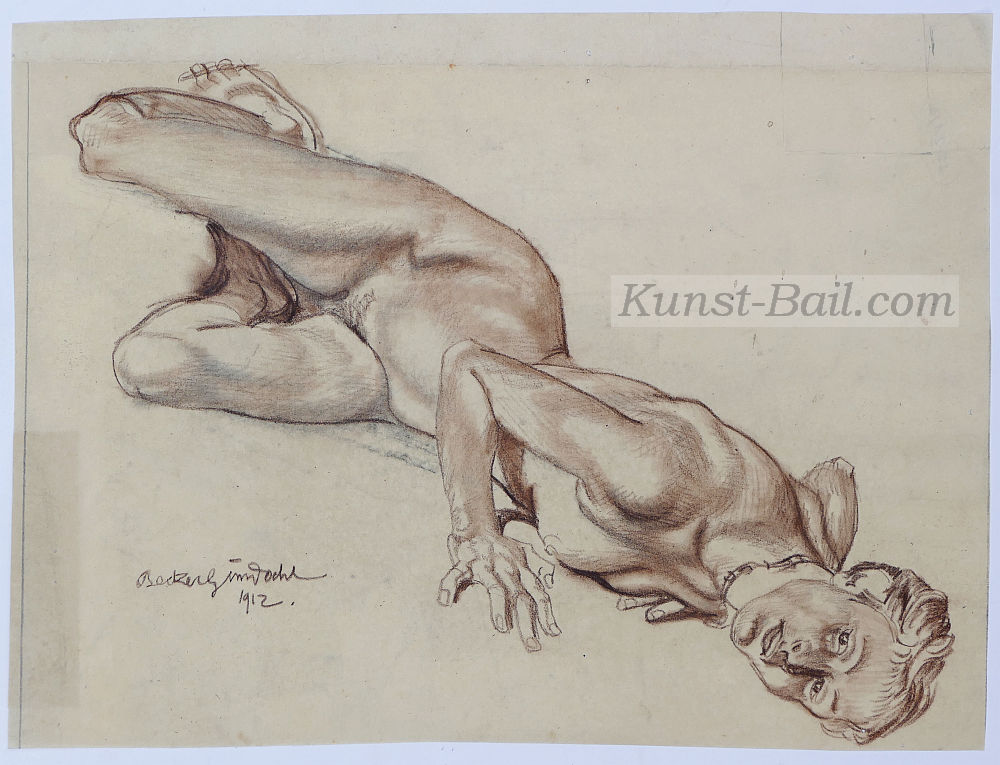 Carl Johann Becker-Gundahl, liegender weiblicher Akt, braune Kohle, signiert, 1912-image