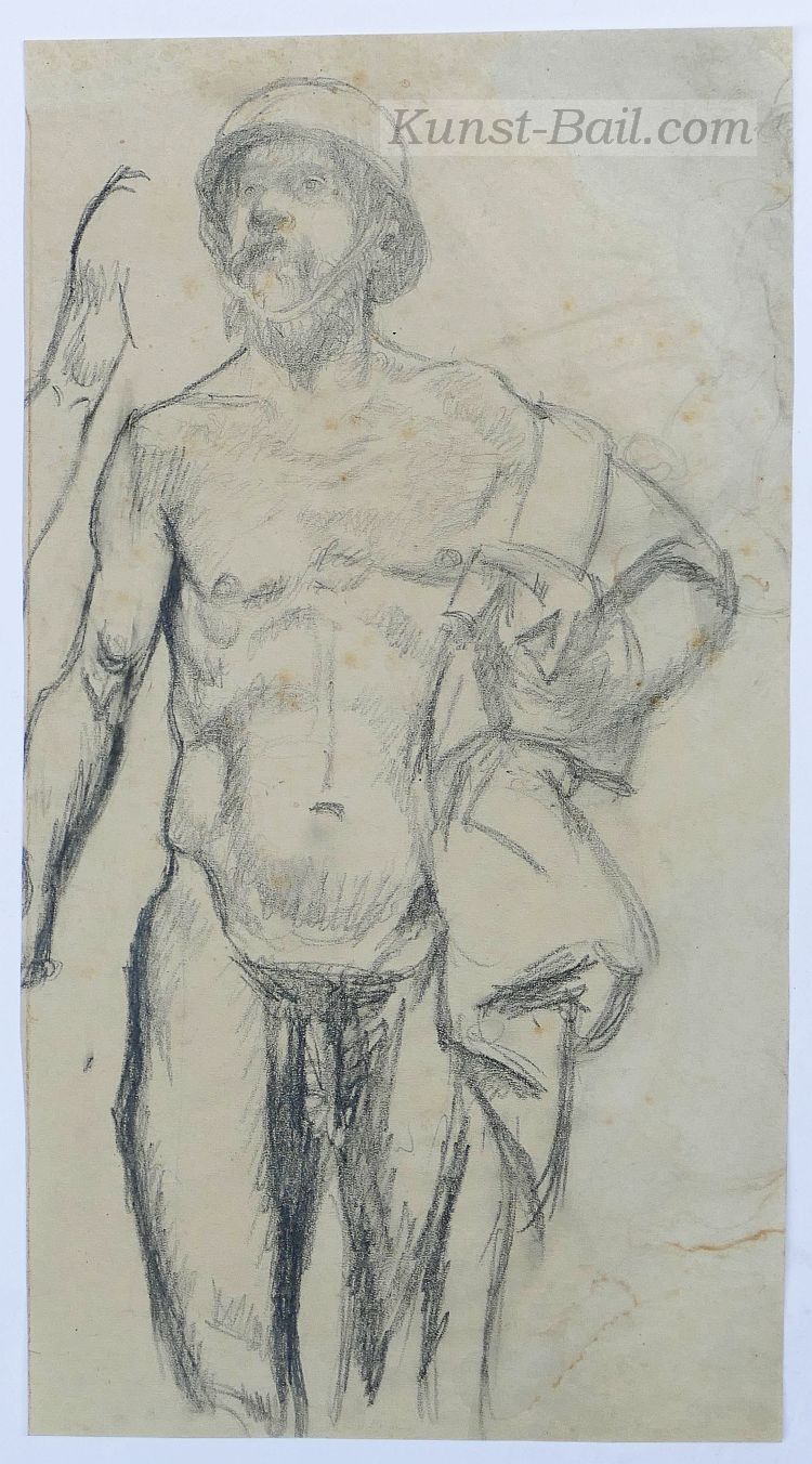 Carl Johann Becker-Gundahl, stehender Männerakt mit Helm, Bleistift, nicht signiert, um 1910-image