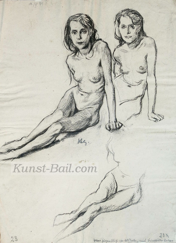 Hermann Groeber, zwei jugendliche weibliche Akte, Kohle, monogrammiert, Nachlasstempel, 1899.-image