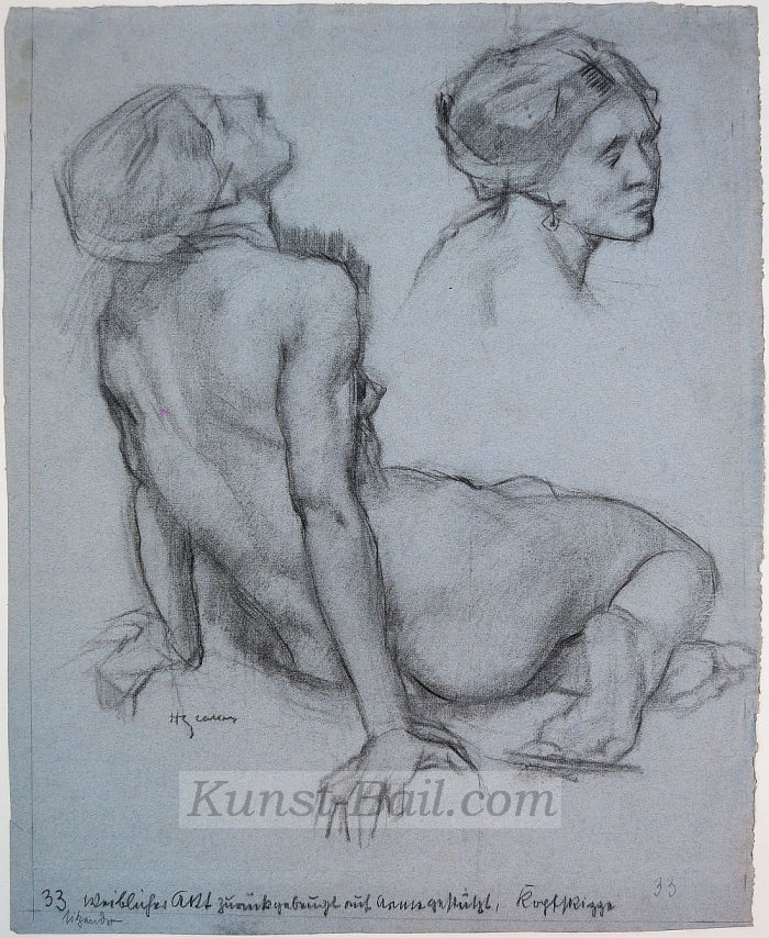 Hermann Groeber, weiblicher Akt zurückgebeugt..., Kohle, signiert-image