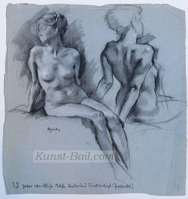 Hermann Groeber, zwei weibliche Akte, Kohle, signiert-image