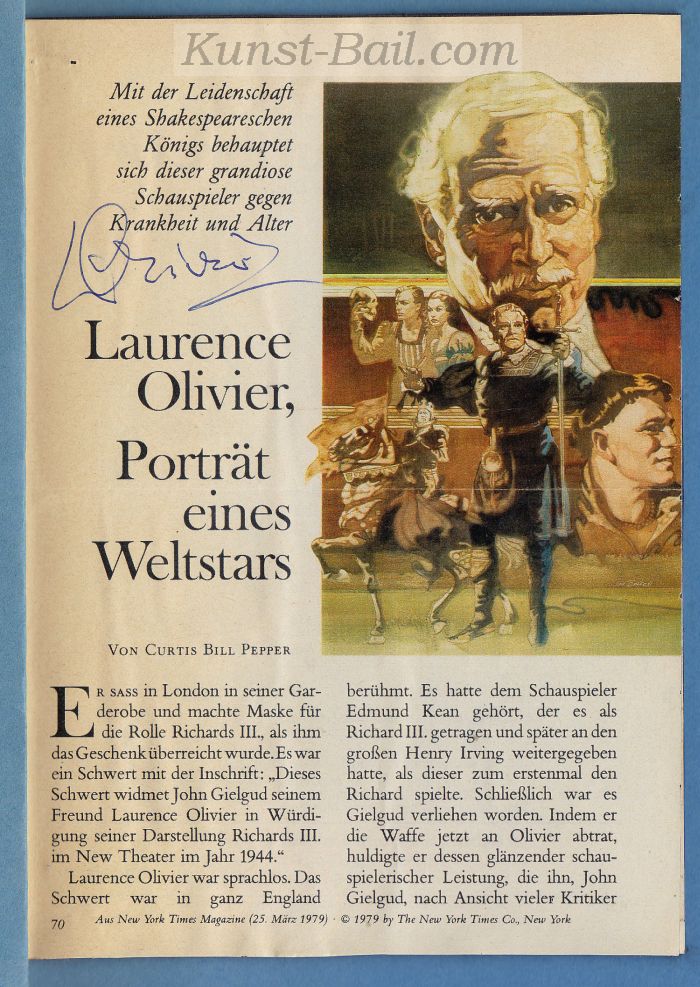 Laurence Olivier, Autogramm auf Zeitschriftenartikel-image