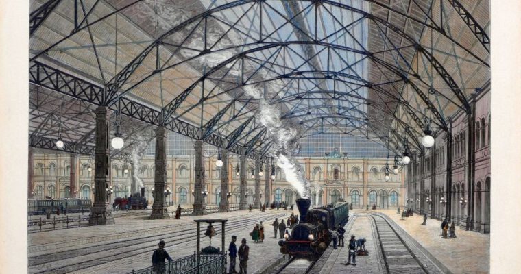 Richard Püttner, Halle des Centralbahnhofs in München, handkolorierter Holzschnitt, 1881
