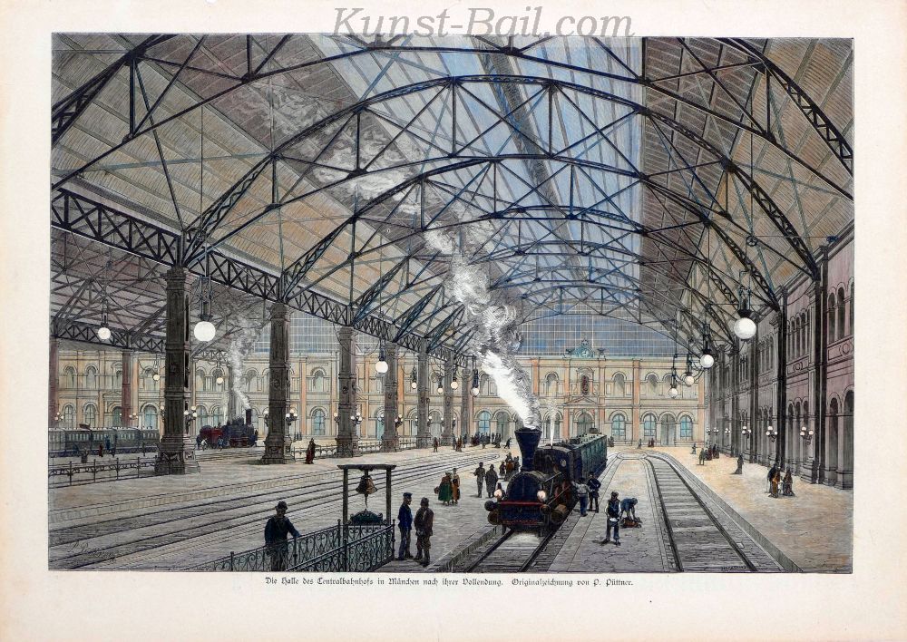 Richard Püttner, Halle des Centralbahnhofs in München, handkolorierter Holzschnitt, 1881