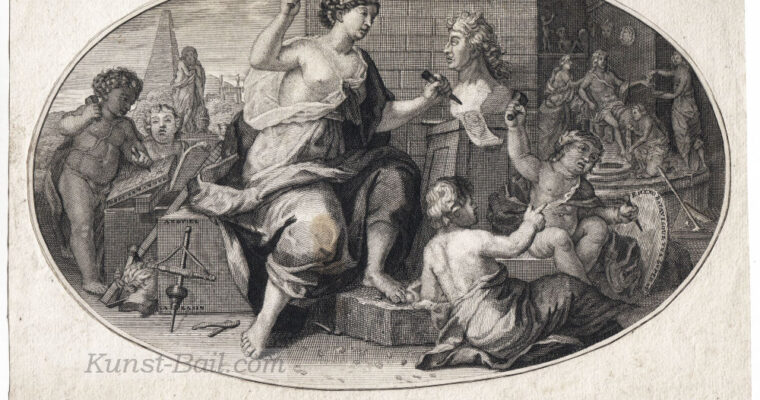 La Scultpure, ovaler Kupferstich von Jacques Antoine Friquet, Amsterdam um 1690