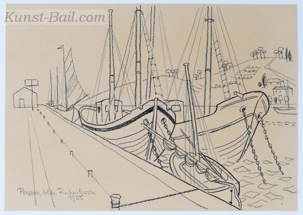 Richard Seewald zugeschrieben, Pescara, Alte Fischerboote 1955, Kohle auf Papier, bezeichnet, nicht signiert-image