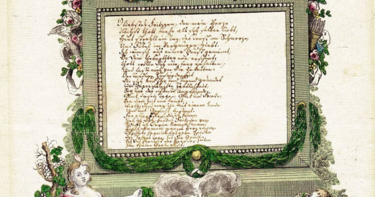 Souvenir-Blatt zum Geburtstag, handkolorierter Kupferstich mit handschriftlicher Widmung, 1785