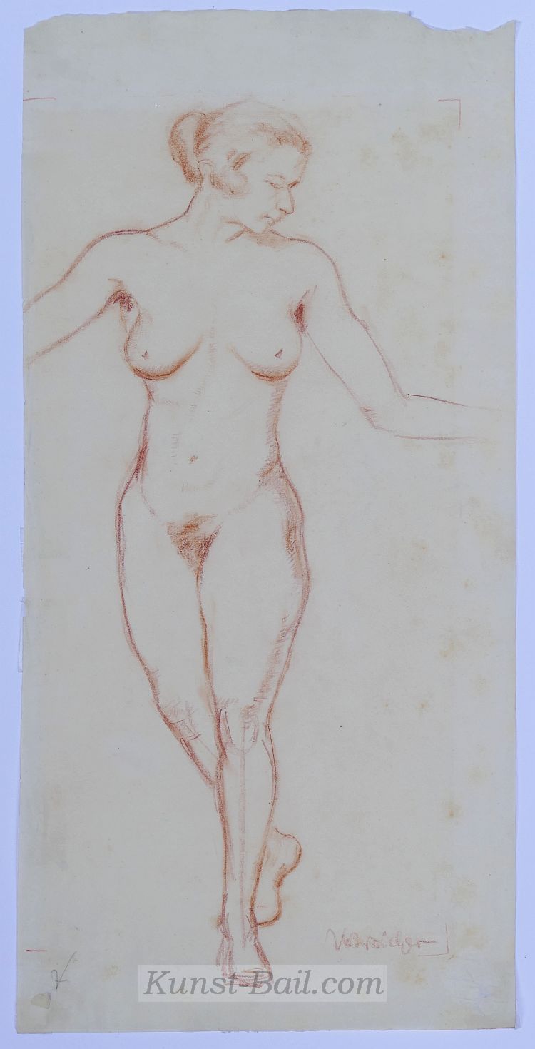 Unleserlich signiert, stehender weiblicher Akt, Röthelzeichnung, um 1920-image