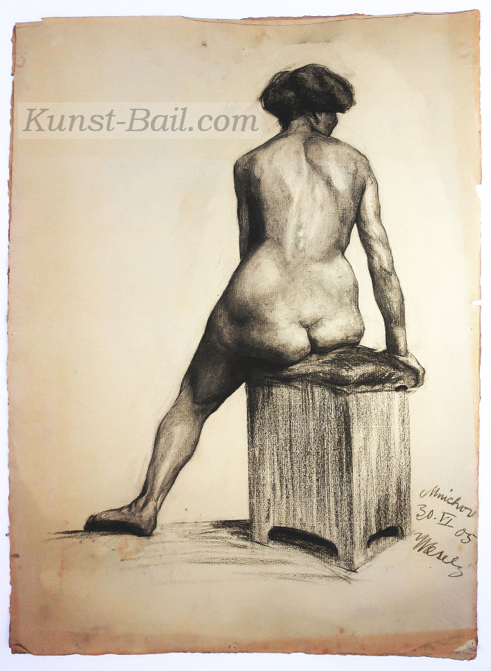 Wesely, sitzender weiblicher Rückenakt, Kohle, signiert, 1905-image