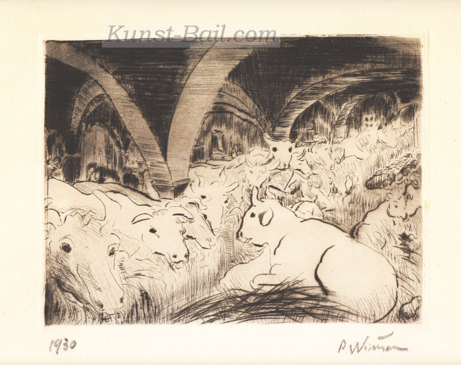 Paula Wimmer, Kühe im Stall, Radierung, signiert, 1930-image