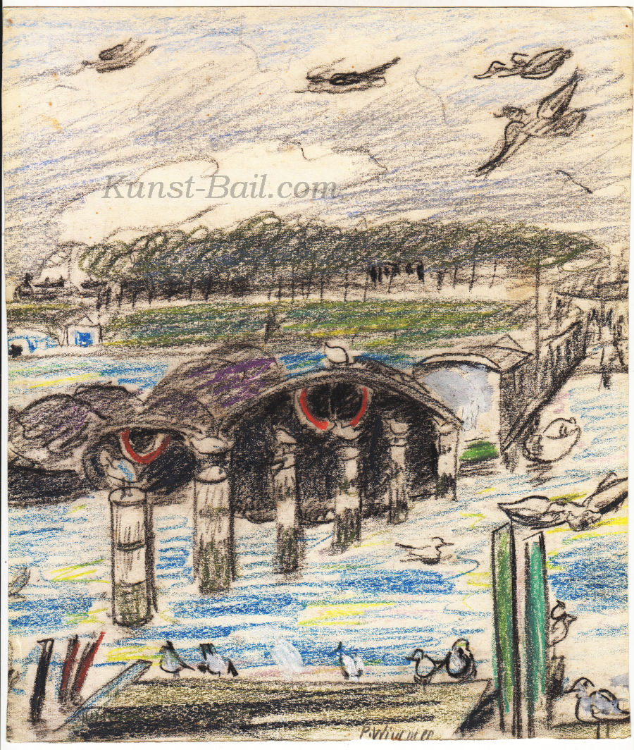 Paula Wimmer, Bootssteg am See mit  Möwen, Farbkreide, signiert-image
