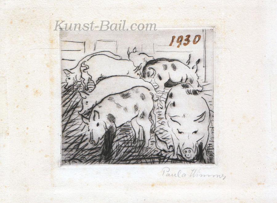 Paula Wimmer, Schweine, Glückwunschkarte 1930, signiert-image