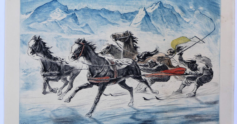Elk Eber, Skijöringrennen, Farbradierung, signiert, bezeichnet, 1929