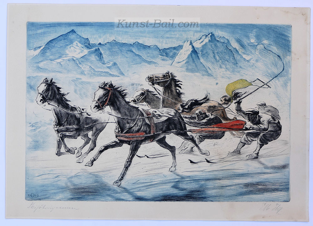Elk Eber, Skijöringrennen, Farbradierung, signiert, bezeichnet, 1929-image