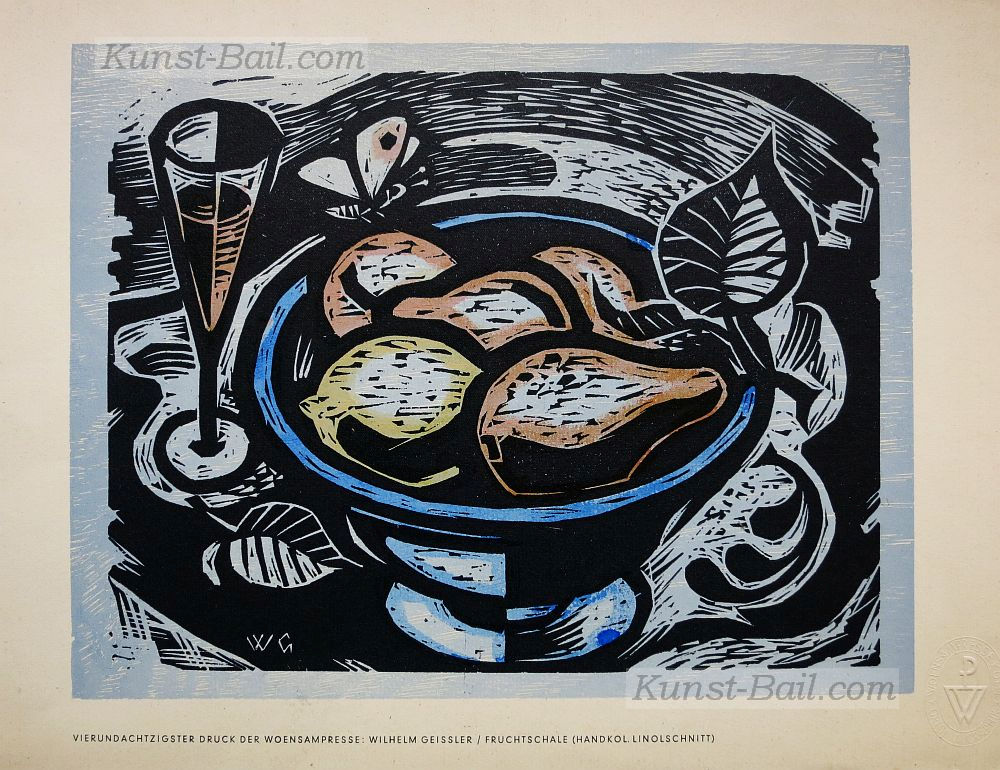 Wilhelm Geissler, Fruchtschale, Linolschnitt, um 1950-image