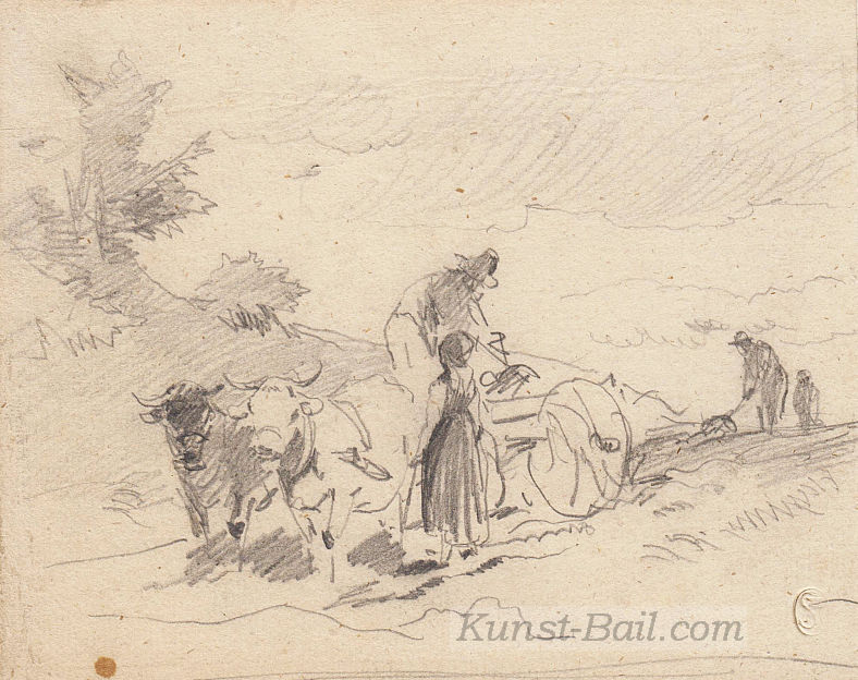Ludwig Hartmann, Bauern mit Ochsenkarren, Bleistift, nicht signiert, um 1860/80-image