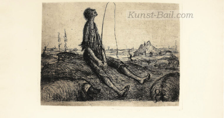 Helmut Lang, Er hütet Schweine, Radierung, nicht signiert, 1947/48