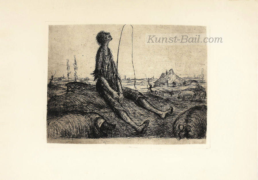 Helmut Lang, Er hütet Schweine, Radierung, nicht signiert, 1947/48