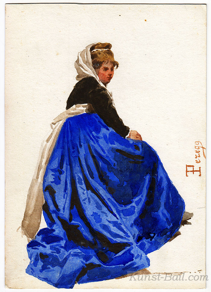 Eugenio Perego, Frau in blauer Tracht, Aquarell, signiert, um 1880/1900-image