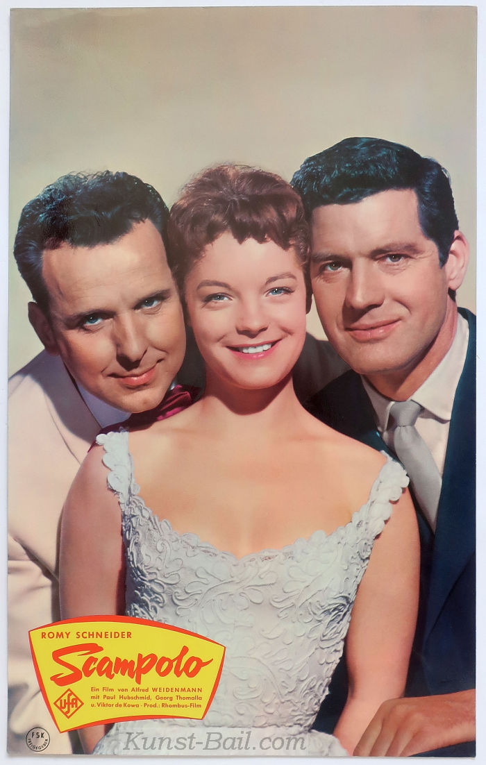 Scampolo, orig. Ausgangfoto groß, Gruppenportrait Romy Schneider, Paul Hubschmid, Georg Thomalla, EA 1958-image