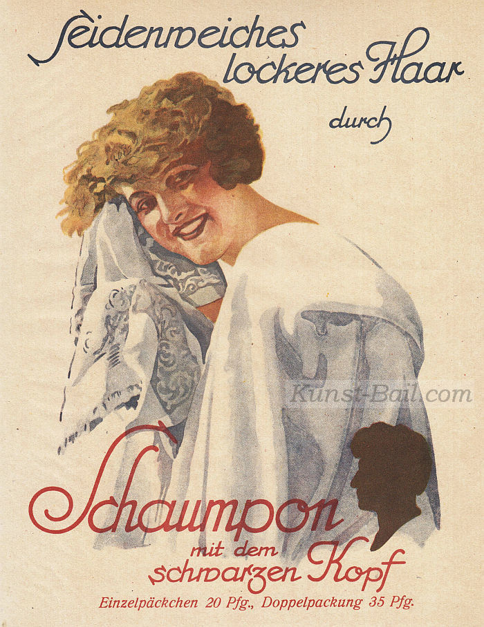 Werbegraphik: Schwarzkopf - Seidenweiches lockeres Haar durch Schaumpon mit dem schwarzen Kopf, Kleinplakart, 1925-image