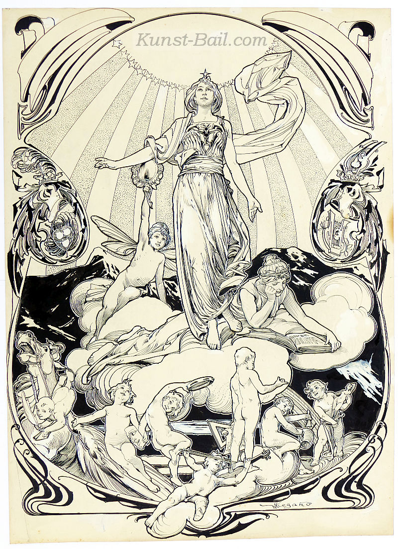 Martin Wiegand, allegorischer Entwurf (Göttin, umgeben von Elfen und Musen), Tusche, weißgehöht, signiert, um 1900/1910-image