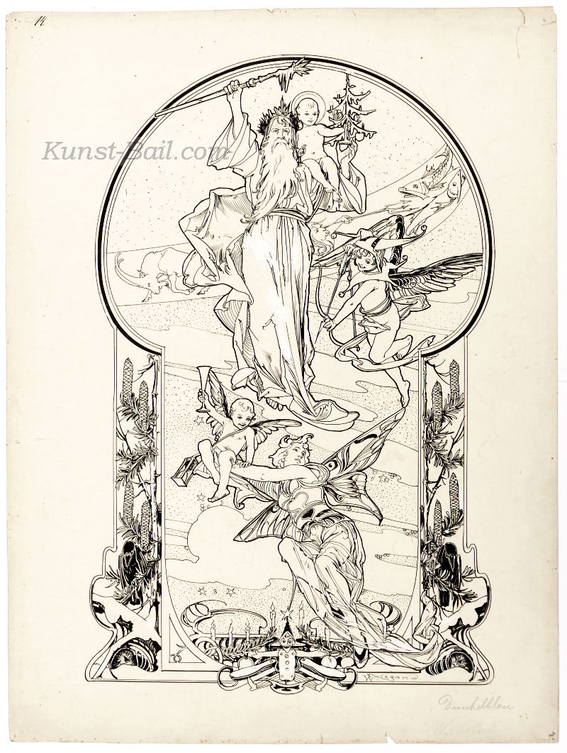 Martin Wiegand, allegorischer Entwurf (Weihnachten?), Tusche, weißgehöht, signiert, um 1900/1910-image