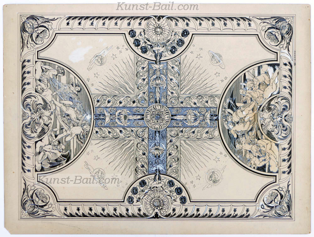Martin Wiegand, Decken-Entwurf, Tusche, weissgehöht, aquarelliert, signiert, um 1900 / 1910-image