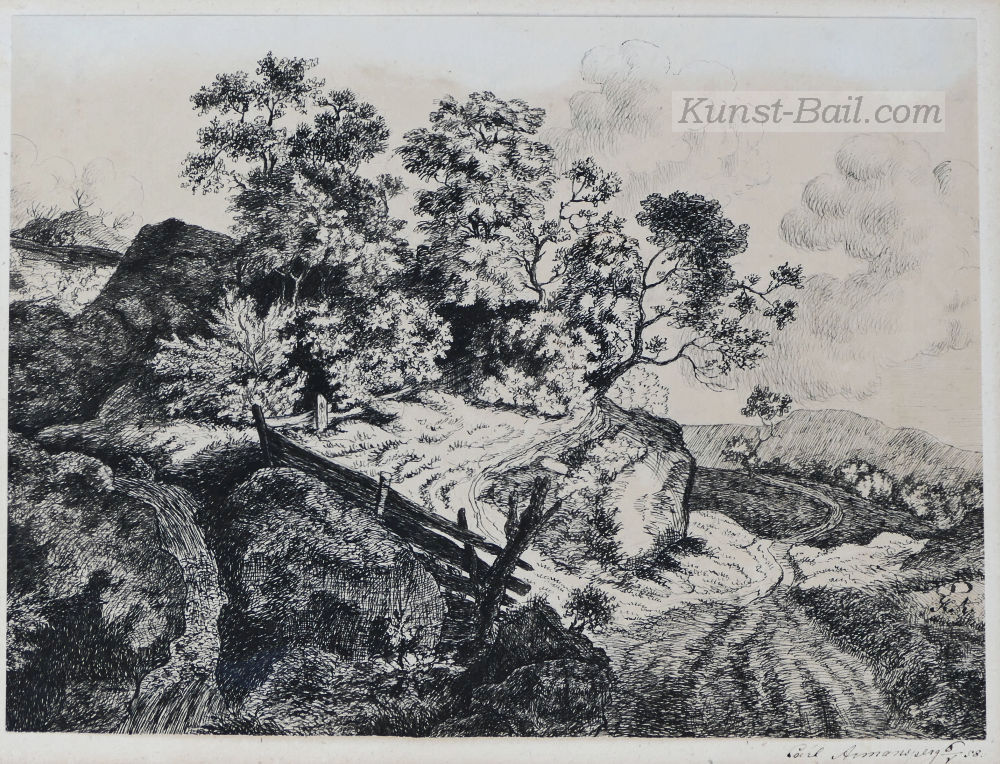 Carl Armansperg, Landschaft, Tuschfederzeichnung, signiert, 1858-image