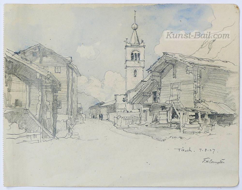 Edward Harrison Compton, Täsch, Bleistift, aquarelliert, signiert, 1927-image