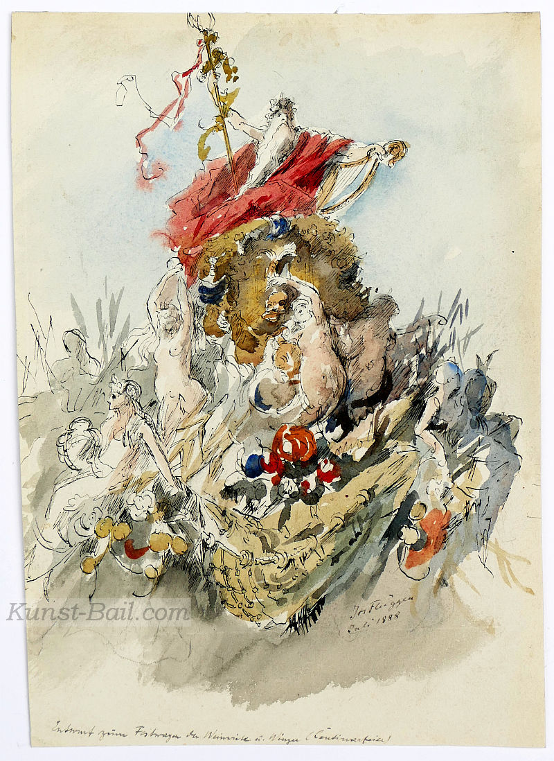 Josef Flüggen, Entwurf für den Festwagen der Winzer zur Centinarfeier 1888, Aquarell über Tuschfeder, signiert, 1888-image