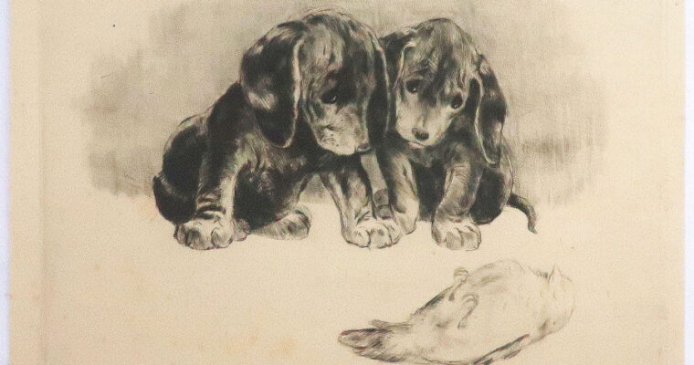 Kurt Meyer-Eberhardt, Zwei Dackel betrauern einen toten Vogel, Radierung, signiert, wohl 1950er