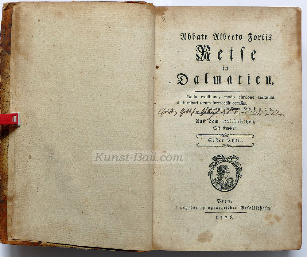 Abbate Alberto Fortis, Reise in Dalmatien, Band 1 & 2 (alles), Bern, typographische Gesellschaft 1776, 266 & 284 Seiten, mit 14 (von 18) tlw. gefalteten Kupferstichen, Halbleder der Zeit, die fehlenden Kupfer in Faksimile beigegeben-image