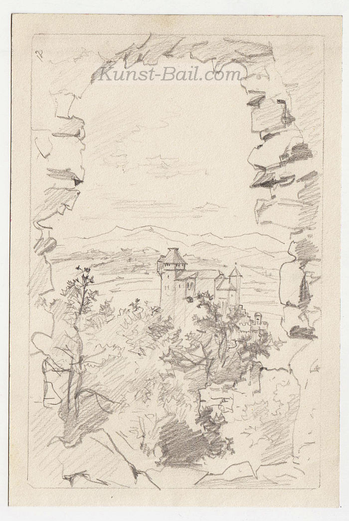 Josef Büche, 4 Bleistiftzeichnungen, Ansichten von Burg Liechtenstein, NÖ, Bleistift auf Papier, um 1890-image