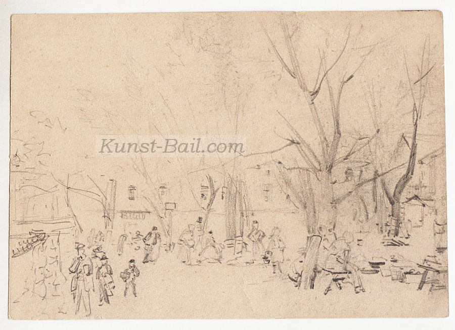 Josef Büche, 6 Skizzenblätter (davon 1 mit weiteren Skizzen verso), eine Skizze von Zemez in der Schweiz, Dorffest, Landschaften, Heuernte, Kirche, Bleistift, um 1890-image