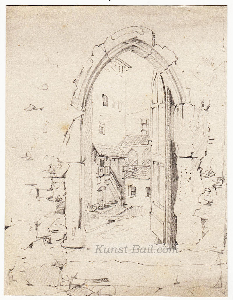Josef Büche, 10 Skizzenblätter (davon 5 mit weiteren Skizzen verso), eine winzige Ansicht von Trient, Ansicht und Details eines Schlosses, Gutshof, Bauernhof, Pflanzenstudie, Bleistift, um 1890-image