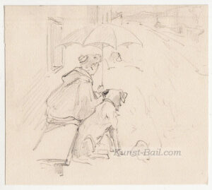 Josef Büche, Frau mit Hund und Regenschirm auf einer Bank am Strassenrand, Bleistift, um 1890-image
