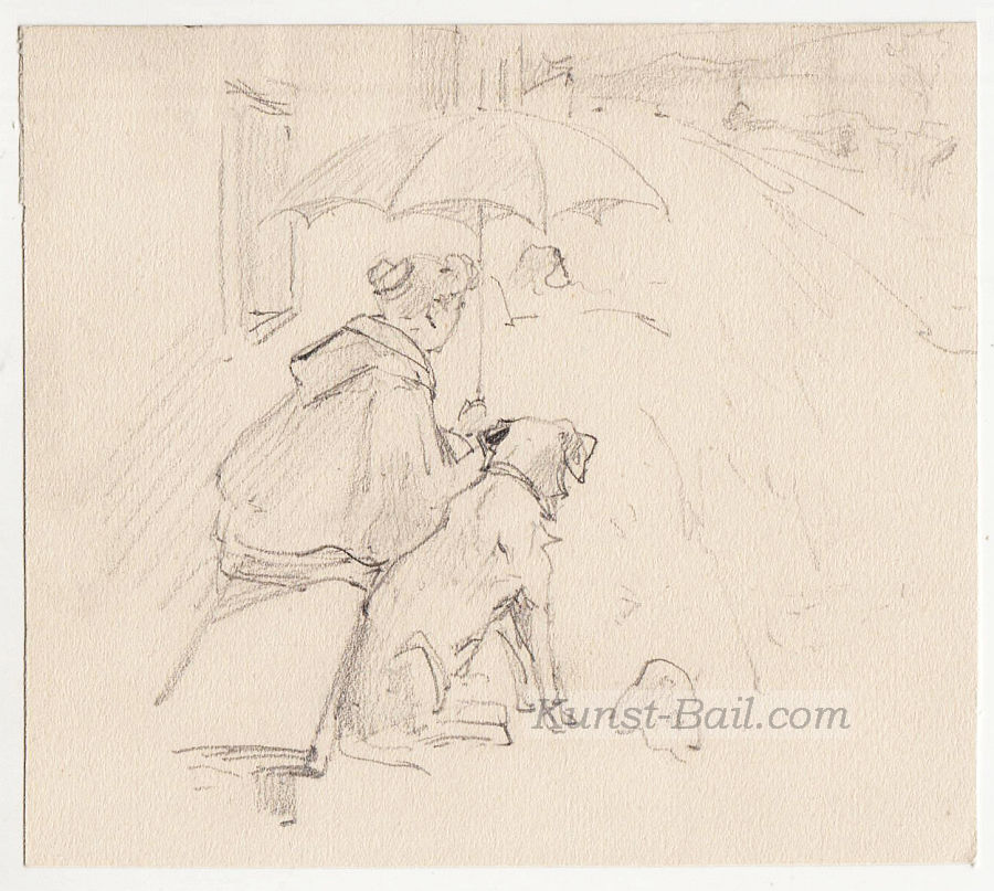 Josef Büche, Frau mit Hund und Regenschirm auf einer Bank am Strassenrand, Bleistift, um 1890-image